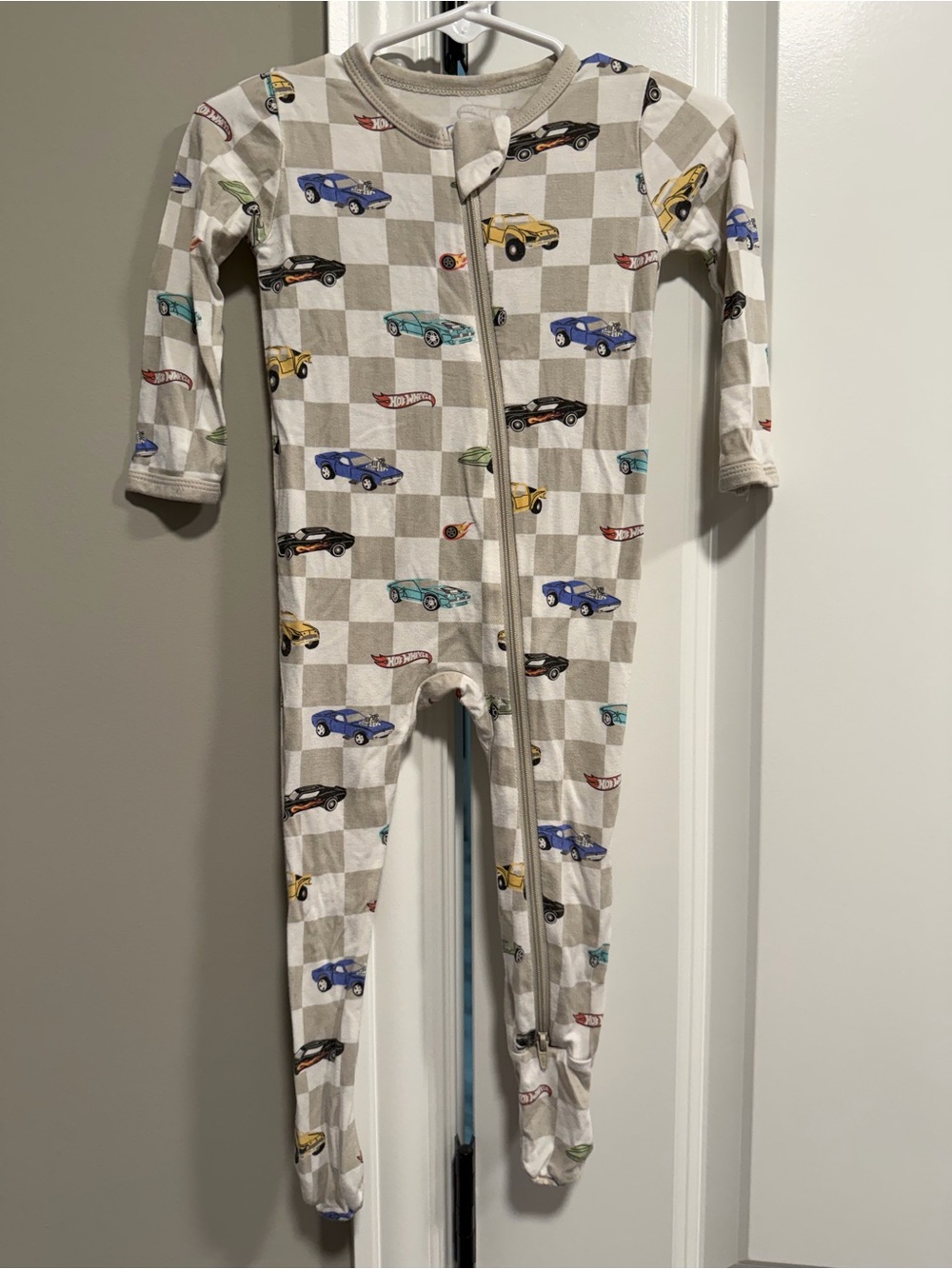 Kyte BABY Beige Checkered One-Piece Footie with Colorful Car Print